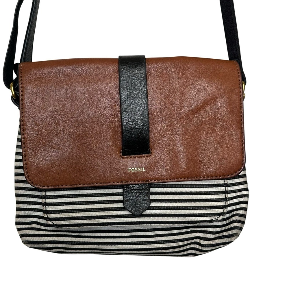 Fossil Leather Canvas Striped Crossbody Bag Purse Black Brown Flaw
